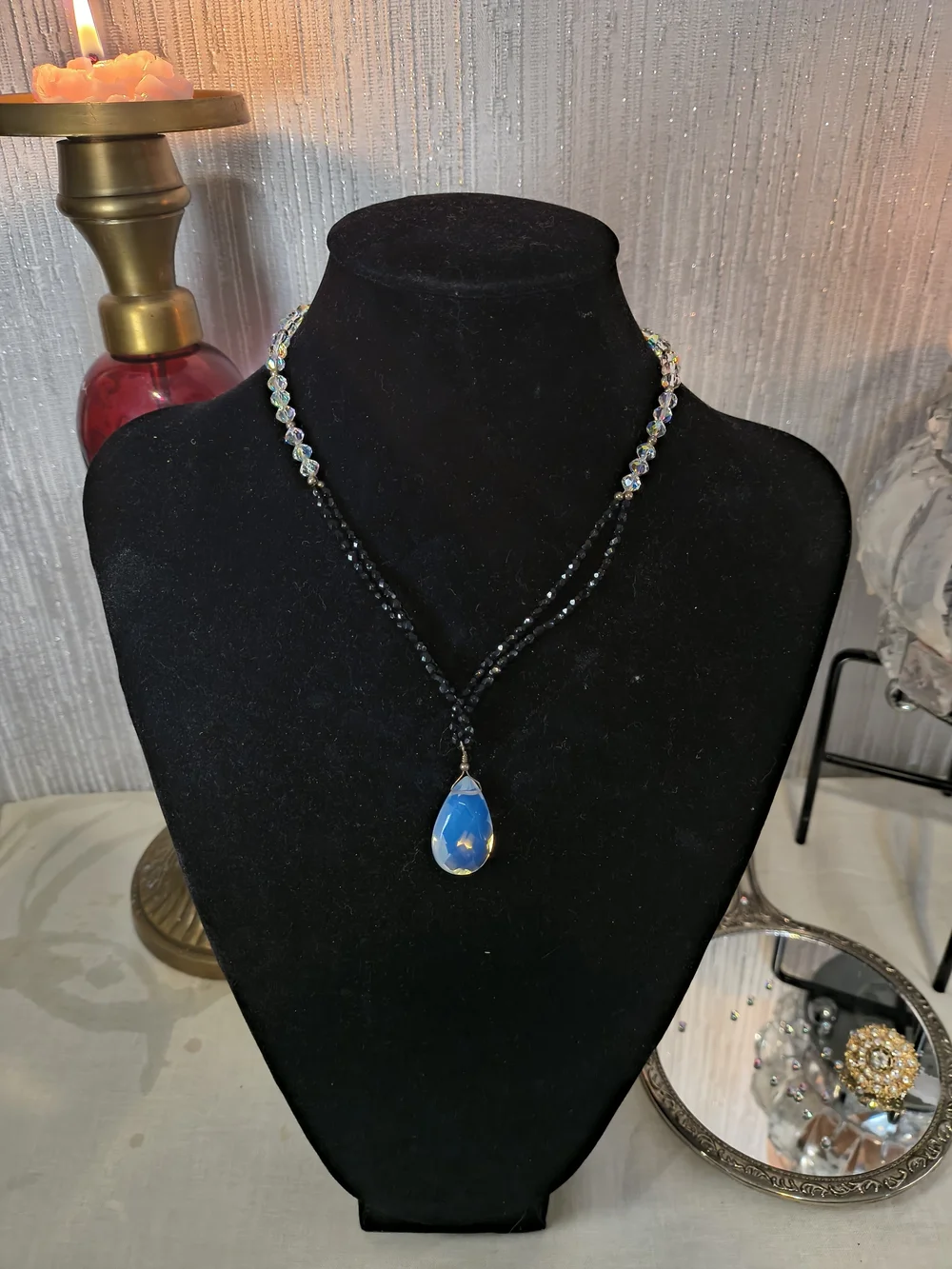 925 Sterling Silver Black Beaded Crystal Blue Teardrop Statement Necklace